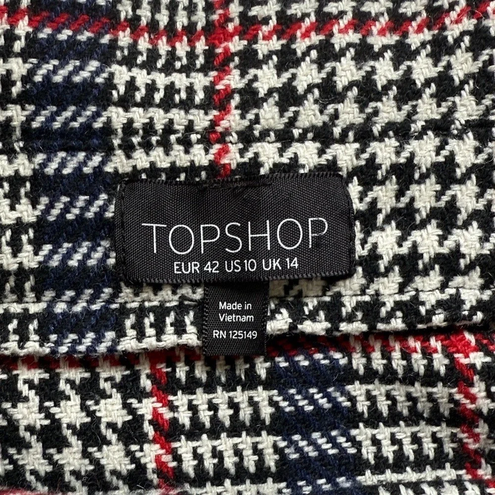 TOPSHOP Plaid A-Line Mini Skirt Womens Size 10 Brown Black Red Zip Button - Picture 6 of 8